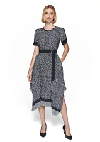 Women's Puff Sleeve Crew Neck Knit Fit and Flare Midi Dress