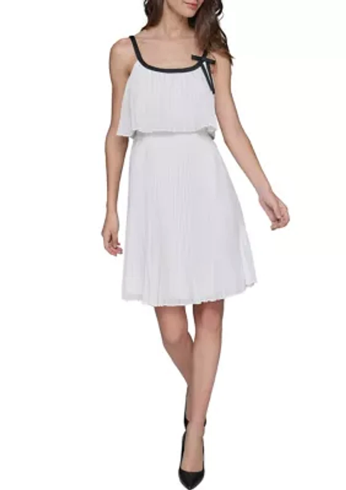 Women's Chiffon A-Line Dress with Color Block and Bow Details