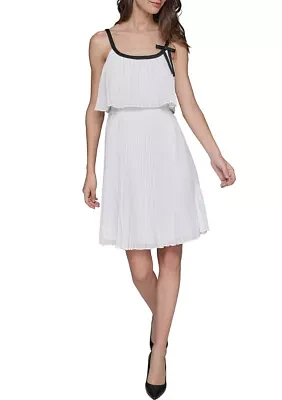 Women's Chiffon A-Line Dress with Color Block and Bow Details