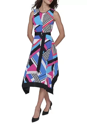 Women's Geometric Print Silky Crepe Midi Dress with Color Block Handkerchief Hem