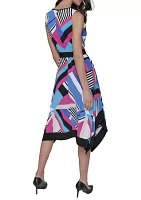 Women's Geometric Print Silky Crepe Midi Dress with Color Block Handkerchief Hem