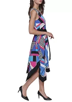 Women's Geometric Print Silky Crepe Midi Dress with Color Block Handkerchief Hem