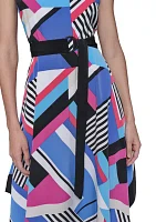 Women's Geometric Print Silky Crepe Midi Dress with Color Block Handkerchief Hem