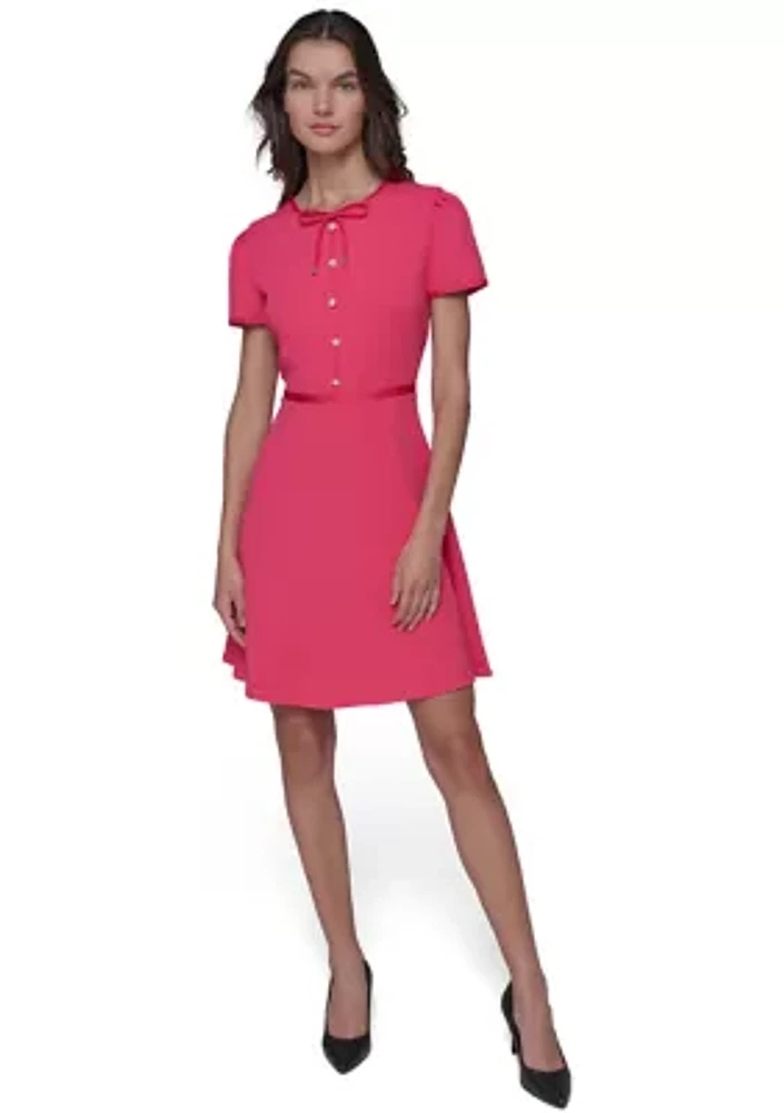 Women's Scuba Crepe A-Line Dress with Pearl Button and Bow Details