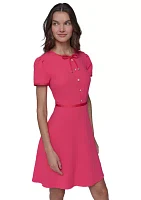 Women's Scuba Crepe A-Line Dress with Pearl Button and Bow Details