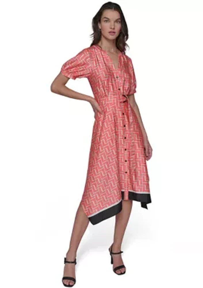 Women's Geo Printed Satin Midi Dress with Handkerchief Hem