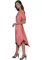 Women's Geo Printed Satin Midi Dress with Handkerchief Hem