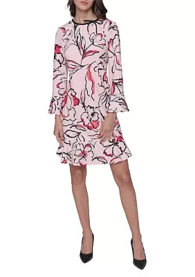 Women's Floral Printed Scuba Crepe Sheath Dress with Flounce Hem and Bow Details