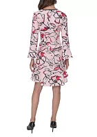 Women's Floral Printed Scuba Crepe Sheath Dress with Flounce Hem and Bow Details