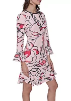 Women's Floral Printed Scuba Crepe Sheath Dress with Flounce Hem and Bow Details