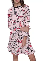 Women's Floral Printed Scuba Crepe Sheath Dress with Flounce Hem and Bow Details