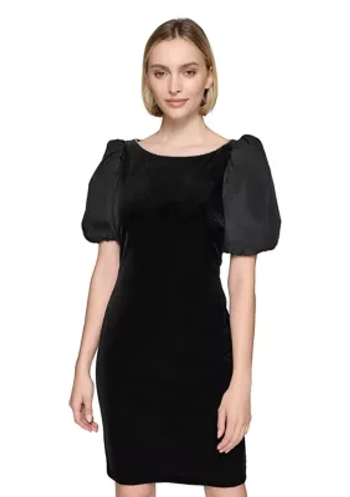 Women's Velvet Sheath Dress with Taffeta Puff Sleeves