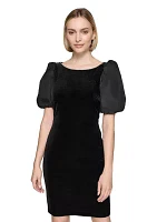 Women's Velvet Sheath Dress with Taffeta Puff Sleeves