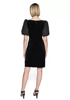 Women's Velvet Sheath Dress with Taffeta Puff Sleeves