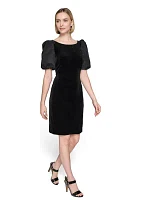 Women's Velvet Sheath Dress with Taffeta Puff Sleeves