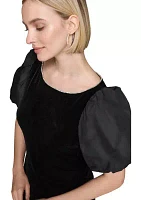 Women's Velvet Sheath Dress with Taffeta Puff Sleeves