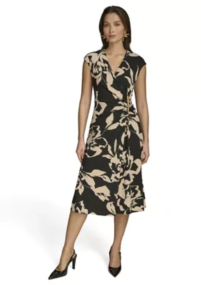 Women's Short Sleeve V-Neck Floral Print Midi Fit and Flare Dress