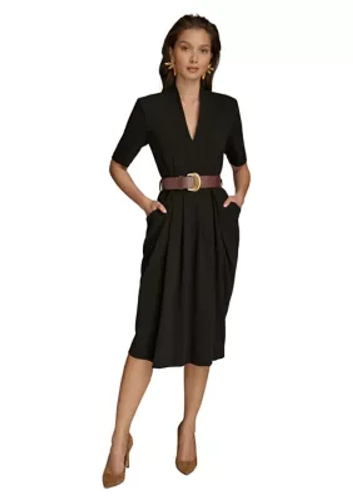 Women's Short Sleeve V-Neck Belted Solid Fit and Flare Dress