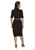 Women's Short Sleeve V-Neck Belted Solid Fit and Flare Dress