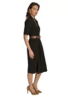 Women's Short Sleeve V-Neck Belted Solid Fit and Flare Dress