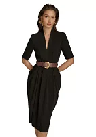 Women's Short Sleeve V-Neck Belted Solid Fit and Flare Dress