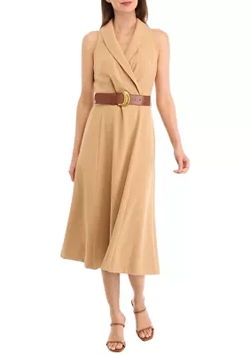 Women's Sleeveless Collar V-Neck Belted Dress