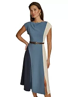 Women's Short Sleeve Boat Neck Belted Solid Fit and Flare Dress