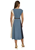 Women's Short Sleeve Boat Neck Belted Solid Fit and Flare Dress