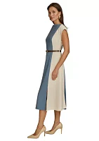 Women's Short Sleeve Boat Neck Belted Solid Fit and Flare Dress