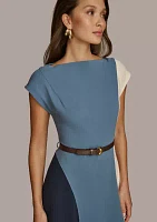 Women's Short Sleeve Boat Neck Belted Solid Fit and Flare Dress