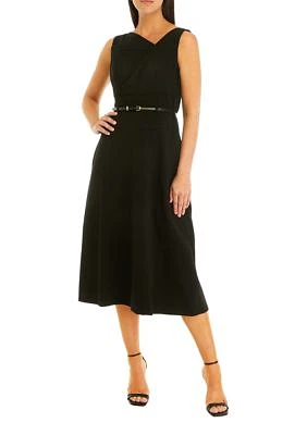 Women's Sleeveless Solid Belted Fit and Flare Dress