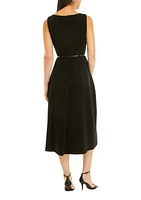 Women's Sleeveless Solid Belted Fit and Flare Dress