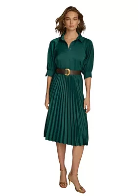 Women's 3/4 Sleeve Collared Belted Maxi Dress