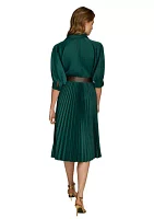 Women's 3/4 Sleeve Collared Belted Maxi Dress