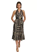 Women's Sleeveless Halter Dot Print Twill Fit and Flare Dress