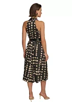 Women's Sleeveless Halter Dot Print Twill Fit and Flare Dress