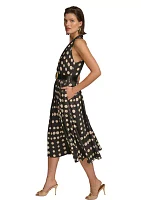 Women's Sleeveless Halter Dot Print Twill Fit and Flare Dress