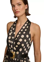 Women's Sleeveless Halter Dot Print Twill Fit and Flare Dress