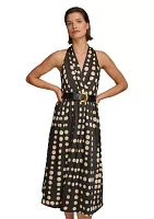 Women's Sleeveless Halter Dot Print Twill Fit and Flare Dress