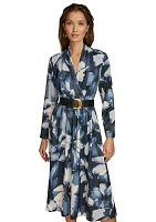 Plus Long Sleeve V-Neck Belted Floral Print Midi Dress