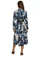 Plus Long Sleeve V-Neck Belted Floral Print Midi Dress