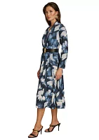 Plus Long Sleeve V-Neck Belted Floral Print Midi Dress