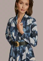 Plus Long Sleeve V-Neck Belted Floral Print Midi Dress