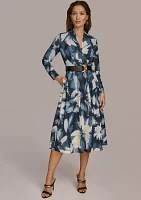 Plus Long Sleeve V-Neck Belted Floral Print Midi Dress