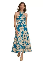 Women's Sleeveless Halter Floral Print Satin A-Line Dress