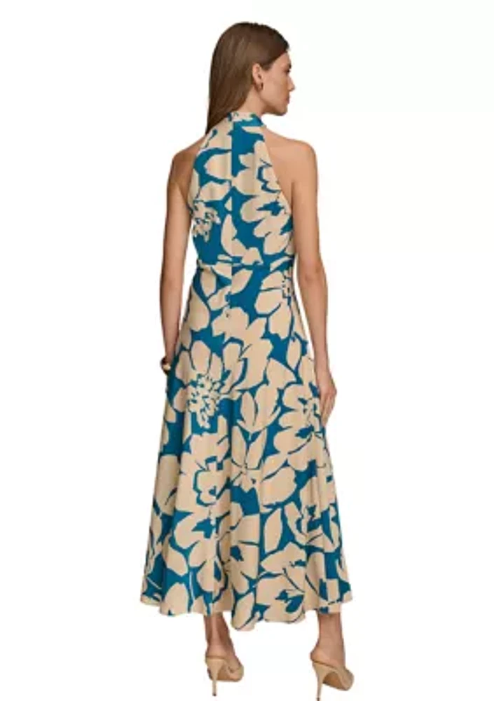 Women's Sleeveless Halter Floral Print Satin A-Line Dress