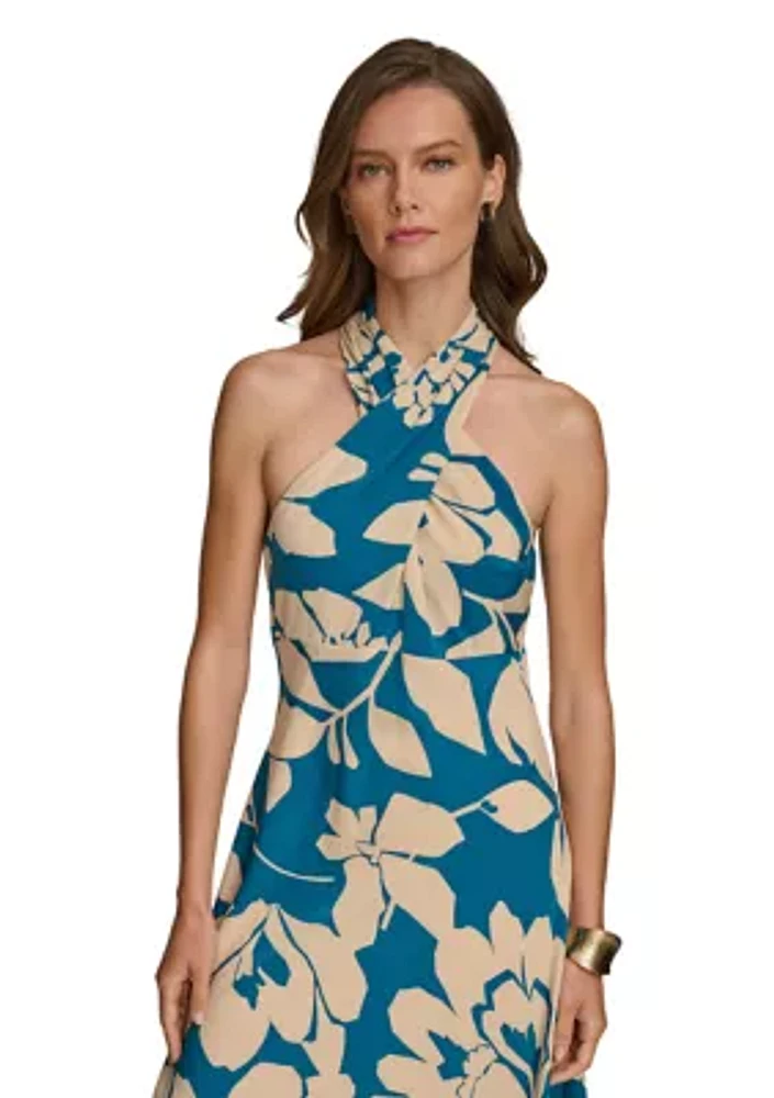 Women's Sleeveless Halter Floral Print Satin A-Line Dress