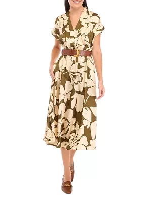 Women's Short Sleeve Floral Print Satin Fit and Flare Dress