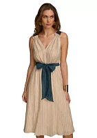 Women's Sleeveless V-Neck Solid Organza Fit and Flare Dress