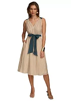 Women's Sleeveless V-Neck Solid Organza Fit and Flare Dress